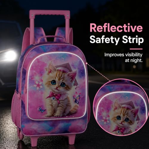gxtvo Girls Rolling Backpack, Cute Cat Roller Wheels Kids Bookbag - Wheeled Elementary School Bag - 3PCS Cat - color: Dr.cat Rolling Set