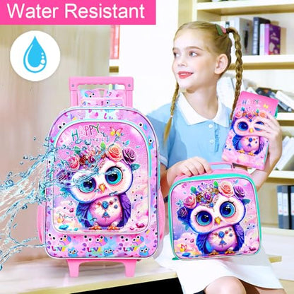 3Pcs Rolling Backpack for Girls, Kids Roller School Backpack with Wheels, Owl Wheeled Bookbag for Elementary Preschool Kindergarten(Pink) - color: Owl Pink