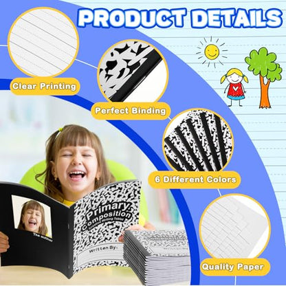 Henoyso 6 Pack Primary Composition Notebook for Kids, K-2 Journal with Half Blank Half Lined Pages, Draw and Write Journal for Kindergarten, 1st & 2nd Grade, Classic Black Covers - color: Black