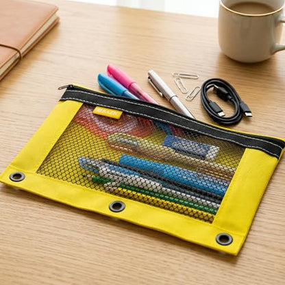 BAZIC PRODUCTS Bright Color 3-Ring Pencil Pouch with Mesh Window, 6-Set | clear mesh window and a zipper closure for pens, pencils, supplies - size: 6 Count (Pack of 1)