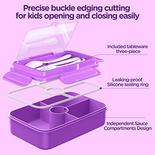 Jelife Lunch Box Kids Bento Box - Large Bento-Style Leakproof 4 Compartments Kids Lunchbox Food Containers with Utensils for Back to School, Reusable On-the-Go Meal and Snack Packing, Purple - color: 1100ml-Purple