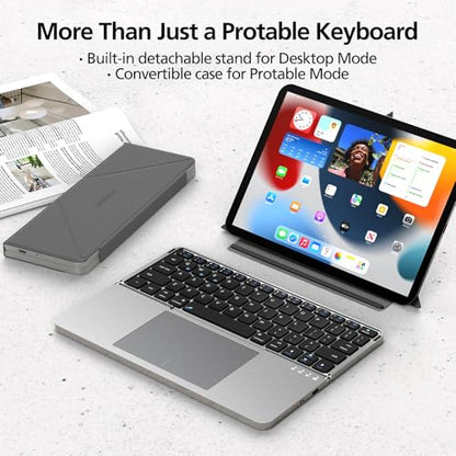 Mircopack Foldable Bluetooth Keyboard with Touchpad and Stand for iPad/iPhone/MacBook,3-Device Ultra Slim PU Leather Magnetic Cover Portable Rechargeable Keyboard for macOS and iOS-Gray - color: Grey