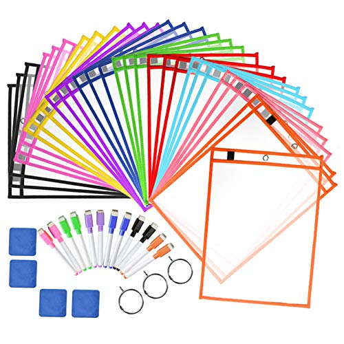Dry Erase Pockets Sheet Protectors 30 Pack Reusable Oversized 10" x 13" Clear Durable Plastic Sleeves with 12 Pens, 4 Erasers and 2 Rings for Classroom Organization, Teacher and School Supplies