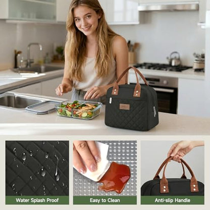 HOMESPON Insulated Lunch Bag for Women Men, Cooler Tote Box, Black | Front Pocket, Side Mesh Pockets, Reusable, for Work, Picnic, Food Container - color: Black