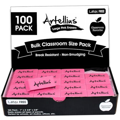 Artellius Pink Erasers | Latex & Smudge Free | Bulk School Supplies | Classrooms, Teachers, Homeschool, Office, Art Class | Large Size (Pack of 100) - size: 100 pack