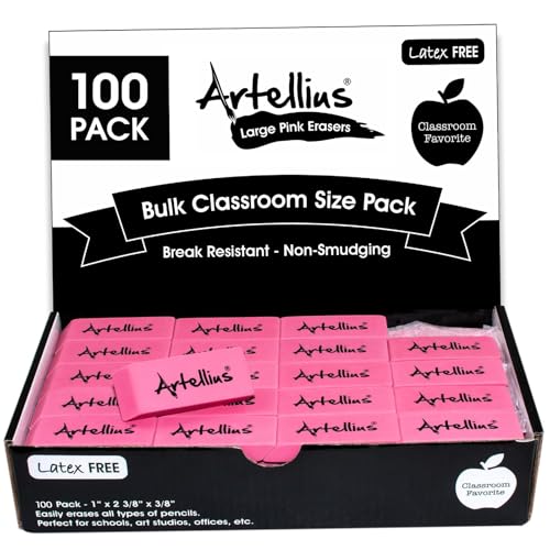Artellius Pink Erasers | Latex & Smudge Free | Bulk School Supplies | Classrooms, Teachers, Homeschool, Office, Art Class | Large Size (Pack of 100) - size: 100 pack