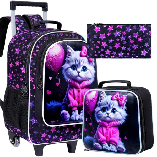 CCJPX 3Pcs Cat Rolling Backpack for Girls, 18" Kids Wheeled Bookbag with Lunch Box, Lightweight Roller School Bag for Elementary Preschool (Black) - color: Pink-clothed Cat