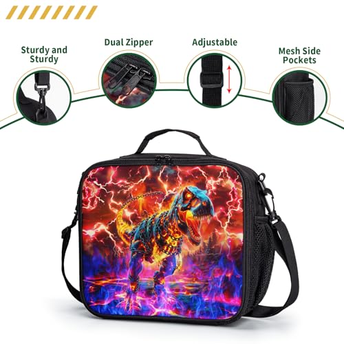 Dinosaur Lunch Box Boys Girls Insulated Lunch Bag Red Blue Fire Lava Lightning Dino Lunchbox Kids Toddler Lunch Tote Bags Thermal Reusable Lunch Cooler Pack for School Picnic Hiking - color: Dinosaur Red Blue