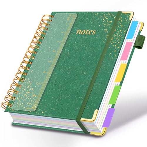 Hardcover Spiral Notebook with Removable Dividers & Tabs, 8"x10" 5 Subject Notebooks for Work, 300 Pages College Ruled Notebook, B5 Sparkle Lined Journal for Women Girls Note-Taking (Silver) - color: Green, size: 8''x 10''