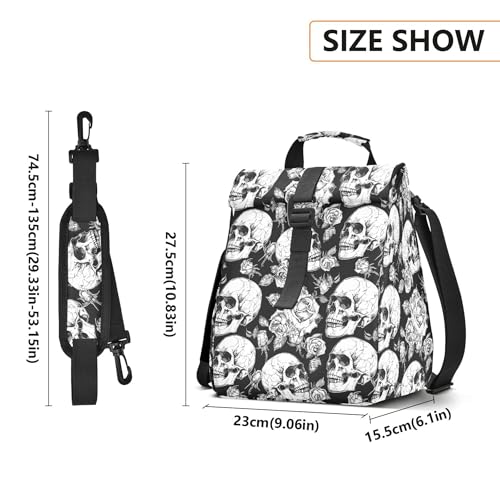 MNSRUU Insulated Lunch Bags Women Men, Skull and Flower Portable Reusable Thermal Meal Tote Cooler Bag Organizer, Adjustable Shoulder Strap, Handle - color: Skulls 050