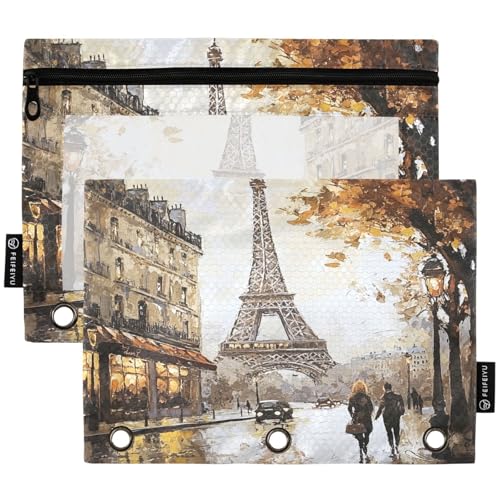 Studying 2 Pack Autumn Paris Streetscape Eiffel Tower 3 Ring Binder Pencil Pouch Bags,Clear Window Zipper Storage Case for Boys Girls School Office Supplies Cosmetics Organizers - color: Multi-paris