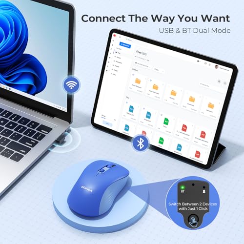 seenda Bluetooth Wireless Mouse, Bluetooth & 2.4G USB Dual Mode, Quiet Clicks, 1600 DPI Smooth Tracking, Ergonomic Design, 24-Months Battery Life, Portable Mouse for Laptop/Mac/Ipad/PC/Tablet-Blue - color: Blue