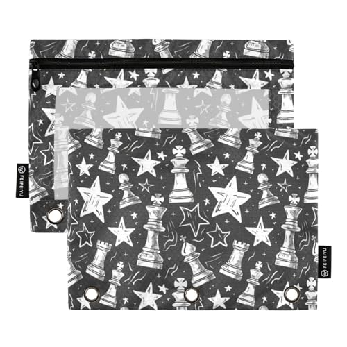 Binder Pencil Pouches Chess Pieces and Stars Pen Case | Clear Window 3 Rings, Cosmetic Bags School Office Supplies Cosmetic Makeup Bag 2 Psc - color: Chess Pieces and Stars