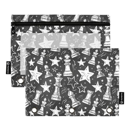 Binder Pencil Pouches Chess Pieces and Stars Pen Case | Clear Window 3 Rings, Cosmetic Bags School Office Supplies Cosmetic Makeup Bag 2 Psc - color: Chess Pieces and Stars