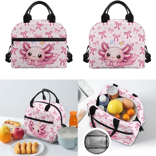 Kids Bookbag & Insulated Lunch Bag & Pencil Case Set for Elementary School, Axolotl 3-Piece Matching Backpack Lunchbox Pouch for Girls, Lightweight Waterproof Student Supplies - color: Pink Bows-axolotl