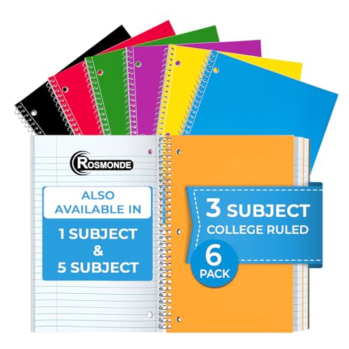 Rosmonde 3 Subject Notebook College Ruled, 6 Pack, 150 Sheets(300 Pages), No-Bleed Paper, 3 Hole Punched, 8x10-1/2, 3 Subject Spiral Notebook for School, Home & Office, Assorted Colors - size: 6 Pack, style: 3 Subject - Soft Cover