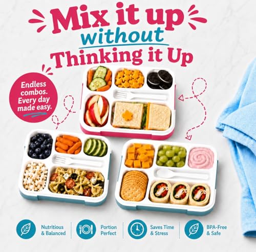 kinsho Lunch Boxes for Kids Boys Girls - Bento Box Set of 2, with Insulated Bag & Ice Pack, 6 Compartment Leak Proof Container, BPA-Free, Microwave Safe, Ideal for School & Work, Blue & Pink - color: Blue + Pink