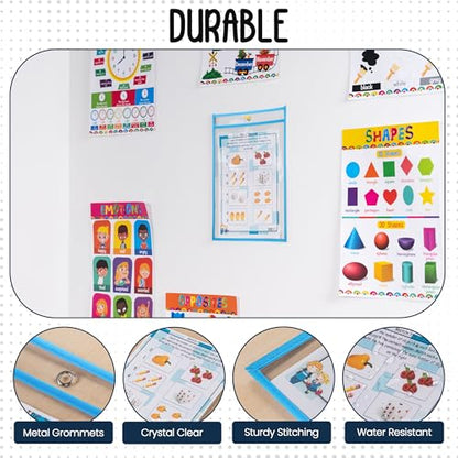 Essex Wares - 6 Pack, Light Blue, Water-Resistant Dry Erase Pocket Document Protectors, 10" Wide x 13.5" Tall - Dry Erase Clear Plastic Sleeves - Reusable & Easy Erase Plastic Invoice Holders - color: Light Blue