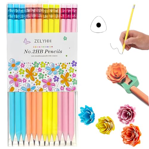 Fun Triangle Pencils - Cute Kids Pencils with Flower Shaped Shavings, Pre-sharpened Erasers, 12 Pack - style: Macaron Triangular Pencils