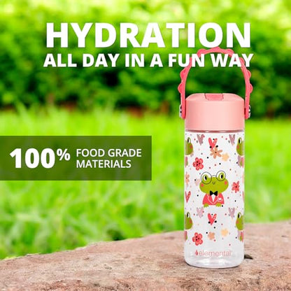 Elemental Leak Proof Water Bottles for Kids - Splash Kids Water Bottle for School with Pop-it Handle - Tritan Plastic Water Bottle with Straw - Fancy Frog Clear & Rose - 18oz (2 Pack) - color: Duo - Clear Frog / Rose