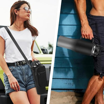 Insulated Water Bottle 32 OZ - with Straw & Pop-up Spout Lid, Keep Cold-48H Hot-12H, Stainless-Steel with handle for Women Men, Metal Flask Water Bottle Fits in Cup Holder - color: Black&Grey with handle, size: 32 Ounces
