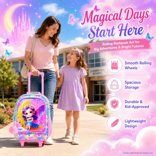 gxtvo Girls Rolling Backpack, Cute Moon Fairy Roller Wheels Kids Bookbag - Wheeled Elementary School Bag - 3PCS Moon Fairy - color: Moon Fairy With Purple Hair Rolling Backpack