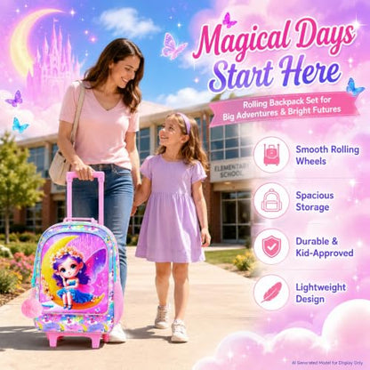 gxtvo Girls Rolling Backpack, Cute Moon Fairy Roller Wheels Kids Bookbag - Wheeled Elementary School Bag - 3PCS Moon Fairy - color: Moon Fairy With Purple Hair Rolling Backpack