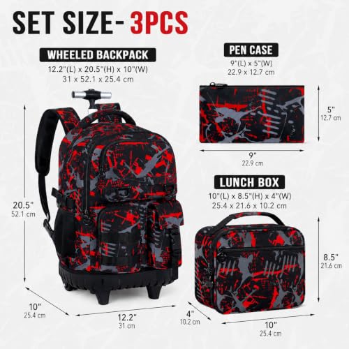 CCJPX 3Pcs Rolling Backpack for Boys, Roller Wheeled School Bookbag, Graffiti Wheels Backpacks with Lunch Box for Kids (Red) - color: Graffiti Red