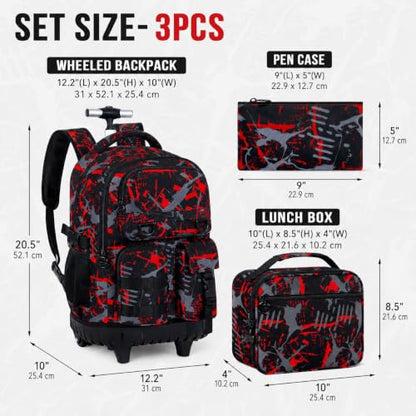 CCJPX 3Pcs Rolling Backpack for Boys, Roller Wheeled School Bookbag, Graffiti Wheels Backpacks with Lunch Box for Kids (Red) - color: Graffiti Red