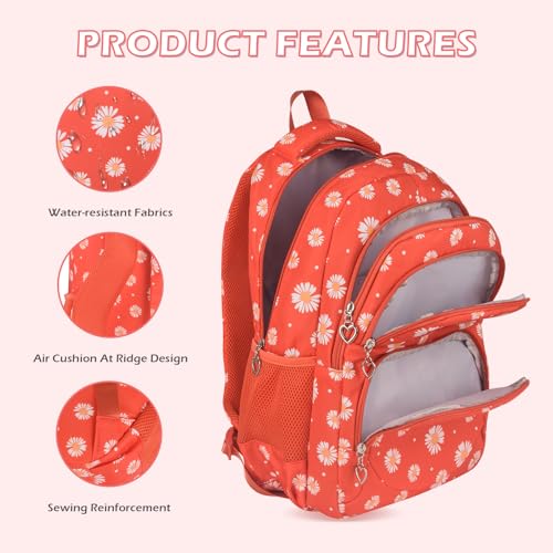 Glodwheat Daisy Printed Backpack For Girls- 3Pc Set With Lunch Box & Pencil Case, Lightweight Water-Resistant Bookbag For Elementary School - color: Orange