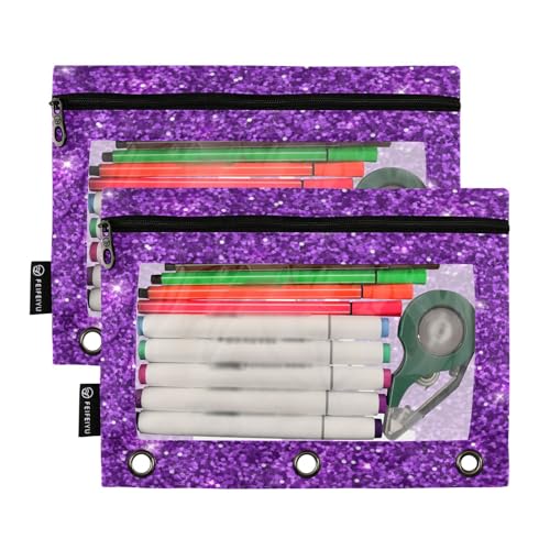 Personalized Pencil Pouch for 3 Ring Binder Glitter Purple Texture Custom Pencil Pouches Case Binder Cosmetic Bag 2 Pack for Office School College Supplies - color: Glitter Purple