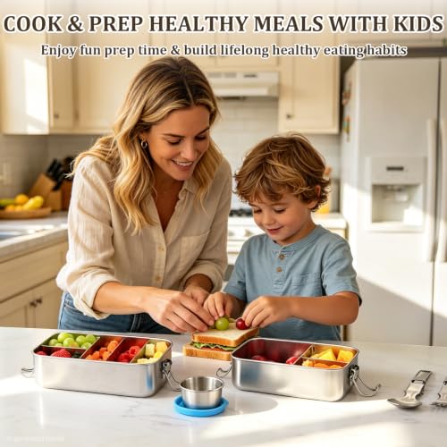 Qtencas Stainless Steel Lunch Box for Kids, 28oz / 0.85L Bento Box for Kids | Stainless Steel Lunch Bento Box with Leakproof Condiment Containers, Natural Loofah Dishwashing Sponge and Foldable Sporks - size: 28oz