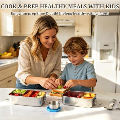 Qtencas Stainless Steel Lunch Box for Kids, 28oz / 0.85L Bento Box for Kids | Stainless Steel Lunch Bento Box with Leakproof Condiment Containers, Natural Loofah Dishwashing Sponge and Foldable Sporks - size: 28oz