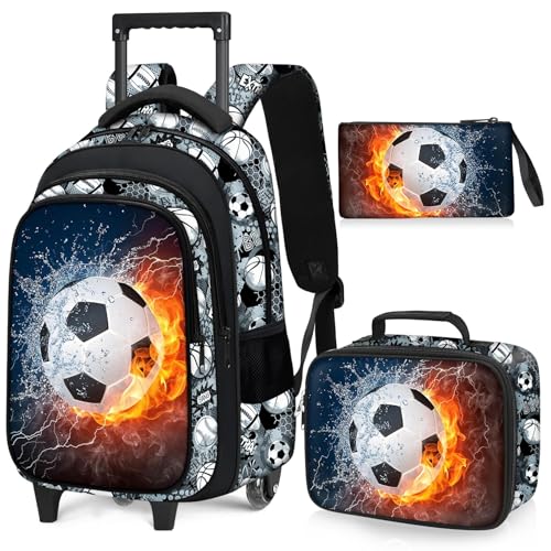 Soccer Rolling Backpack for Boys - 3PCS Boys Rolling Backpack with Lunch Box Set for Kids Children Teens Elementary Middle School,Sport Roller Bookbag with Wheels for Age 6-18 - color: Soccer-001-backpack Set