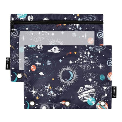ZAZYXTJ Personalized Space Binder Pencil Pouchs 3 Ring | with Zipper Clear Window Office Organizers bag for School Students Teacher Supplies 2 Pack - color: Space