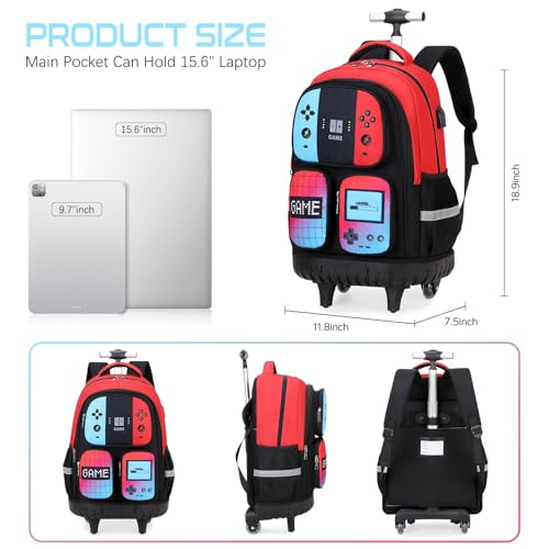 Jafeton Rolling Backpack for Boys, 3 PCS Gamer Boy Backpack Set with Lunch Box & Pencil Pouch, Roller Wheels School bag for Boys Kids Teens, Elementary Middle School, Kids Bookbag Casual Daypack - color: Red Black