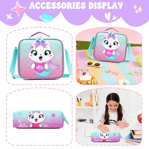 Meetbelify Cute Cat Rolling Backpack with Wheels for Elementary Preschool Students Kids Travel Luggage Carry on Backpack for Girls Ages 6-8 - color: 01 Mermaid Cat