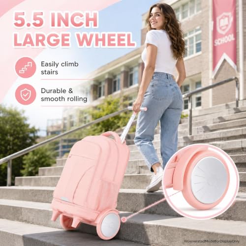 AGSDON Quiet Glide Rolling Backpack with Lunch Box Set - Large Wheel Water-Resistant Wheeled Bag for Business, Travel, and College | Blush Pink 3-in-1 Organizer Backpack - color: Reflective Pink - Rolling Backpack