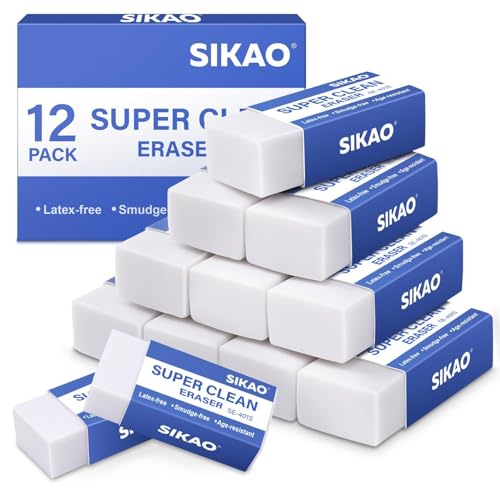 White Erasers, 12 Pack Block Pencil Erasers Super Clean Non-Melting | Soft Erasers for Drawing, Sketching & Art Supplies, Smudge-Free for Homework School & Office - style: White