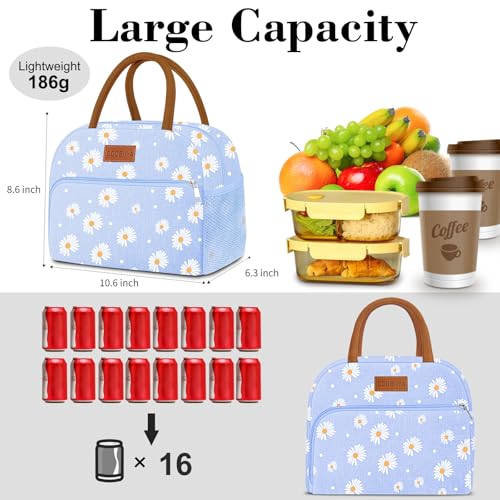Coobiiya Insulated Lunch bag Women，Reusable Cute Lunch Box for Women | Large Capacity Lunch Tote Cooler Thermal Leakproof for Work Travel Picnic - color: Blue Daisy