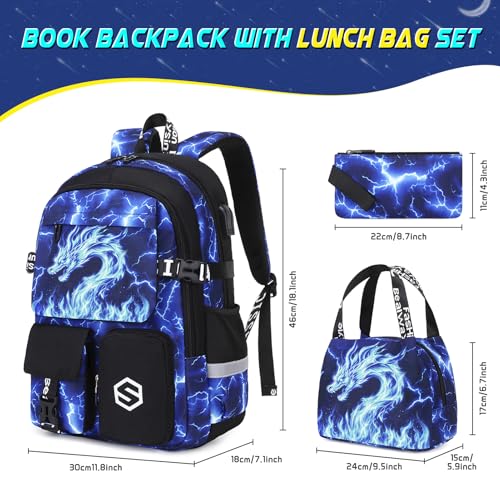 Scothen Boys Backpack, Cool Luminous School Backpacks for Boys with Lunch Bag Pencil Case, Kids Backpack Kindergarten Elementary Middle School Book Bags for Teen Boy Children with USB Charging Port - color: Blue Dragon
