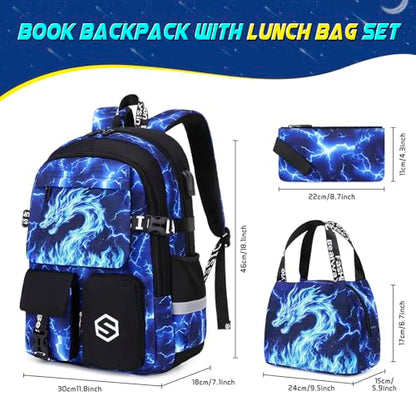Scothen Boys Backpack, Cool Luminous School Backpacks for Boys with Lunch Bag Pencil Case, Kids Backpack Kindergarten Elementary Middle School Book Bags for Teen Boy Children with USB Charging Port - color: Blue Dragon