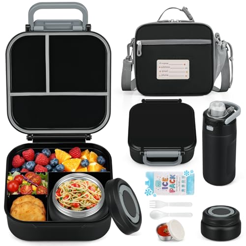 Itslife Bento Box for Kids Set, Insulated Food Container,Kids Lunch Box, 7 oz Thermos for Hot Food, 12 oz Thermos Water Bottle, Reusable Insulated Ice Bag & Fork Spoon Utensils Camping Travel Black - color: Black