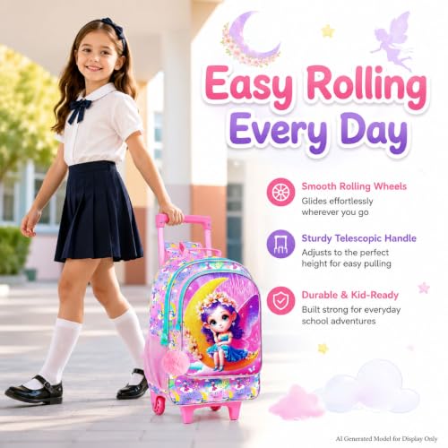 3PCS Kids Rolling Backpack, Girls Roller Wheels Bookbag, Wheeled Elementary School Bag with Lunch Bag - Mermaid - color: Moon Xn Zifa Roller