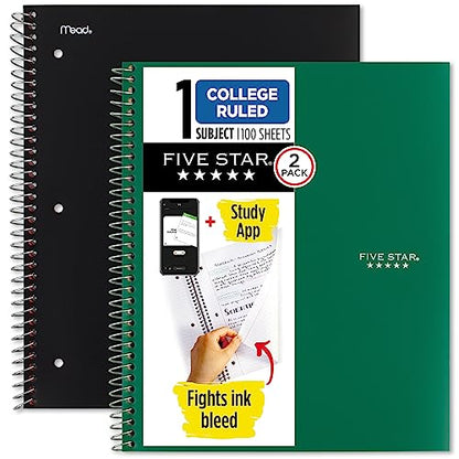 Five Star Spiral Notebook + Study App, 2 Pack, 1-Subject, College Ruled Paper, Fights Ink Bleed, Water Resistant Cover, 8-1/2" x 11", 100 Sheets, Black, Green (820187) - color: Black, Green, size: 11" x 8-1/2", 100 Sheets, 2 Pack