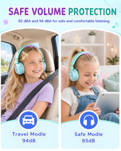 Kids Bluetooth Headphones, 80H Playtime Lightweight Wireless Headphones for Kids, 85/94dB Safe Volume Limit, Bluetooth 5.4, Built-in Mic kids headphones for School, Travel, iPad, Tablet（Green） - color: Greenpurple