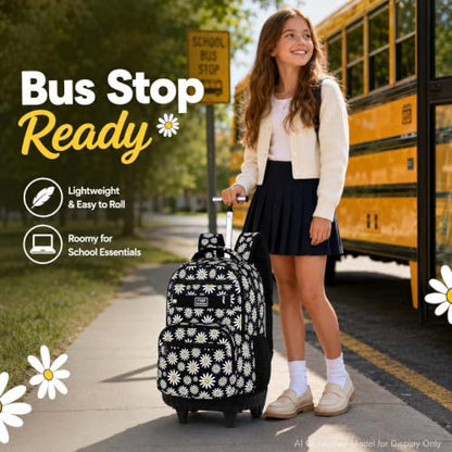 gxtvo Girls Rolling Backpack, Women Roller Bookbag with Lunch Box for Adults, Water Resistant Wheeled School Bag for College Teens Kids Travel - Black Flower - color: Chrysanthemum Black