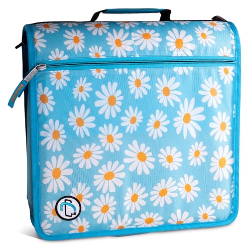 Case-it Mighty Zip Tab School Zipper Binder | 3-Inch O-Rings, 600-Sheet Capacity, 5-Subject Expanding File Folder, Multiple Pockets & Storage Organizer, Shoulder Strap | D-146 Light Blue Daisy - color: E Daisy Light Blue, size: 1 Pack