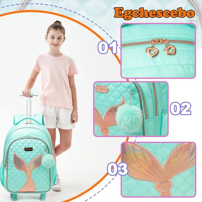 Kids Rolling Backpack for Girls Trolley Suitcases Luggage Travel with Wheels Bookbag Wheeled 17" 3PCS Roller Backpacks Toddler Back Pack School Bags Set for Elementary Mermaids Green - color: 5225-yuweiba-green
