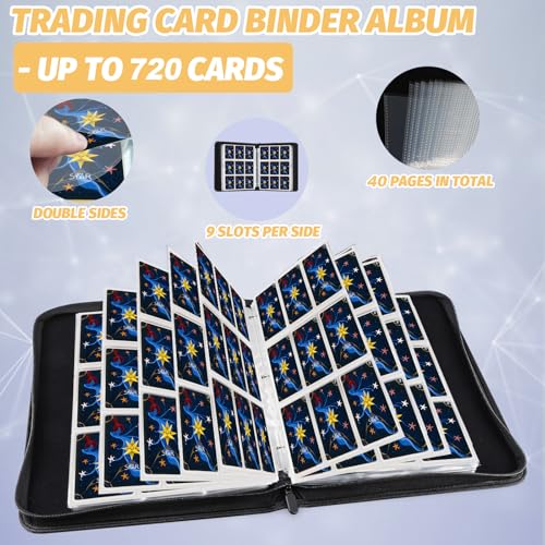 720 Pockets Round Ring Trading Card Binder, 9-Pocket Clear Zipper Card Album with Wrist Strap, Holds 720 Standard TCG Cards Compatible with Sports Baseball Football Game Cards (Dark Blue) - color: 9 Pocket 720 Carton Blue